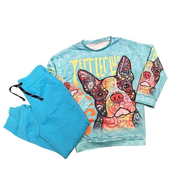 Boston Terrier Sweatshirt & Sweatpants Blue, Kids' Size 6-7, EUC - So Cute! - Picture 1 of 3
